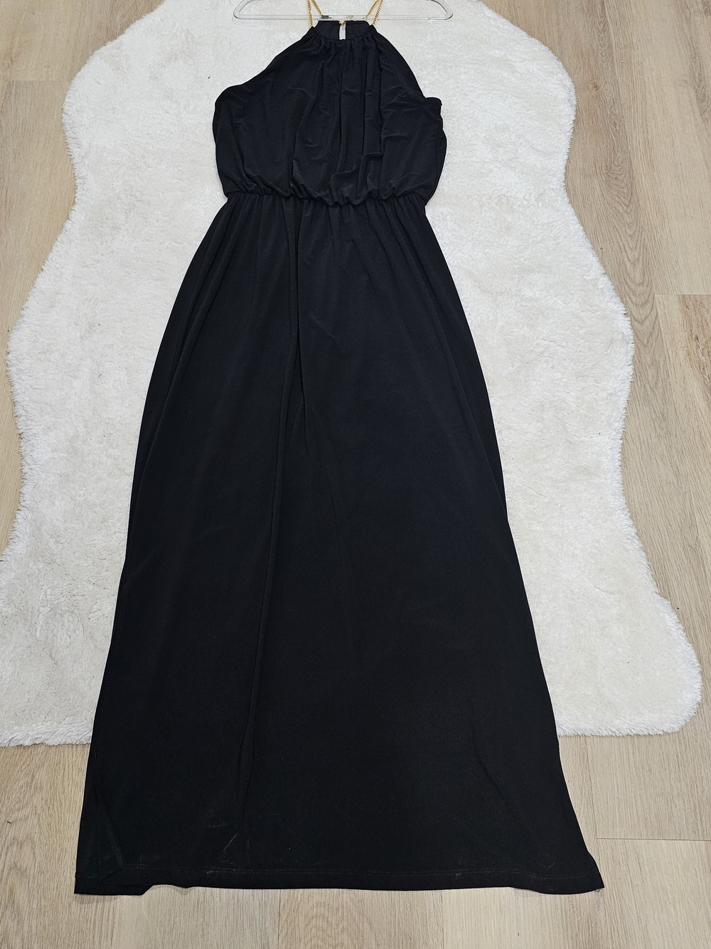Tiana B Black Gold Chain Halter Maxi Dress Size 10 Evening Minimalist Glam Gown - Picture 2 of 12